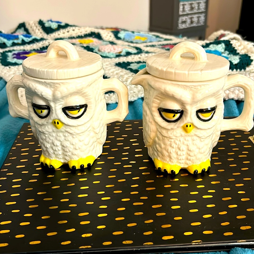 Vintage Sleepy Owl Sugar and Cream Ceramic Set with Lids Signed